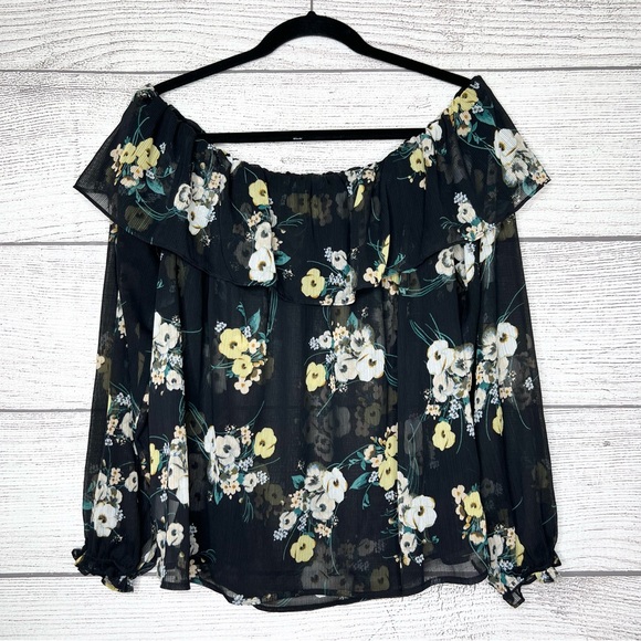 Sheer Black Floral Ruffled Off Shoulder Flowy Blouse Top Size 0X - Picture 6 of 8